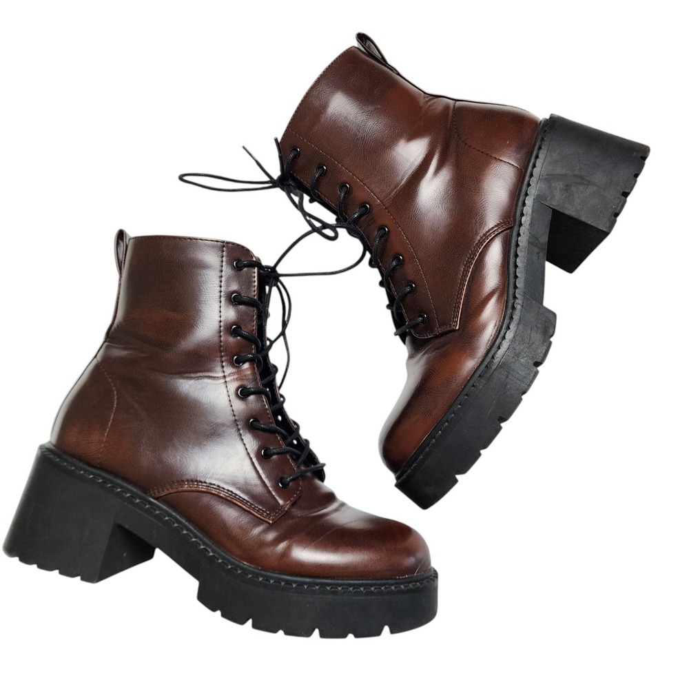 Madden Girl Womens Talentt Combat Boots Brown Rub Size 9 Chunky Lug Sole Lace Up